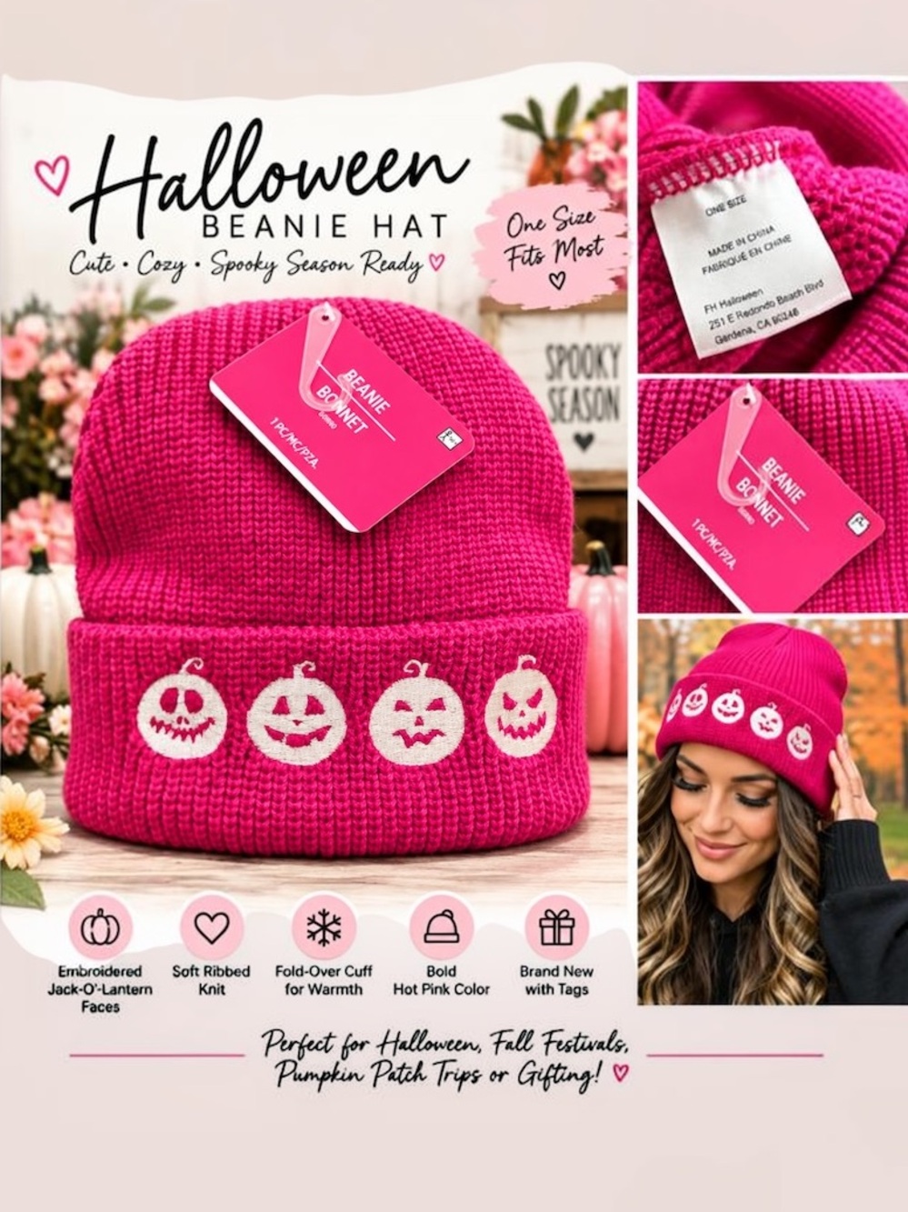 Halloween Beanie Hat with Embroidered Jack-O'-Lanterns